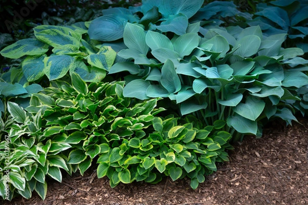 Fototapeta Isolated view of a hosta plant mix, green, white, blue, and yellow foliage, soil ground
