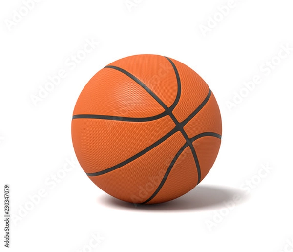 Fototapeta 3d rendering of an orange basketball with black stripes standing on a white background.
