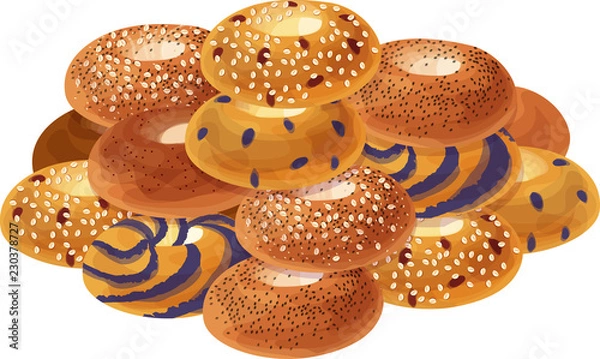 Obraz Cukier cynamonowy, mak, wszystko, borówki, żurawina i owies oraz bułeczki z jagodami zgrupowane w stosie. Ilustracje wektorowe na białym tle.