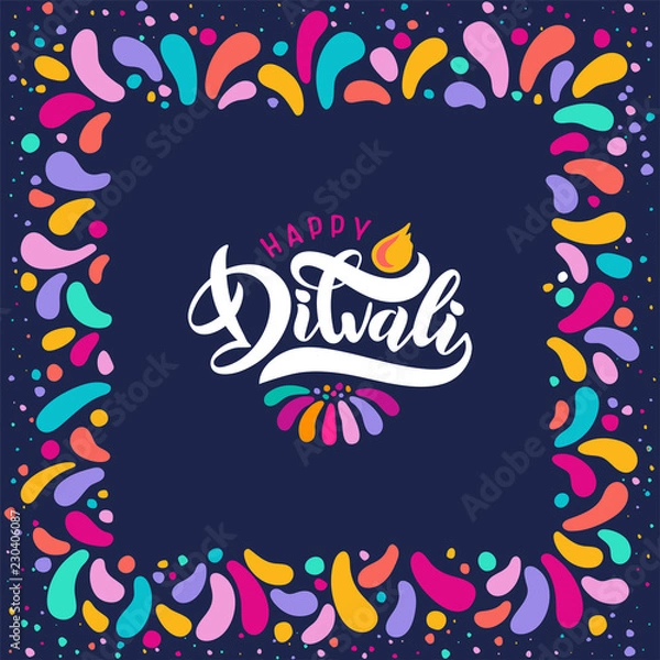 Fototapeta Bright festive vector text happy Diwali, diya lamp, candle flame in Decorative ornament square frame. Lettering Diwali
