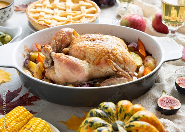 Fototapeta Thanksgiving dinner with chicken, apple pie, pumpkin soup brussel sprouts and fruits.