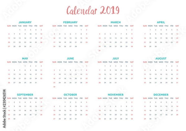 Fototapeta Minimal simple calendar design for January to December of 2019.