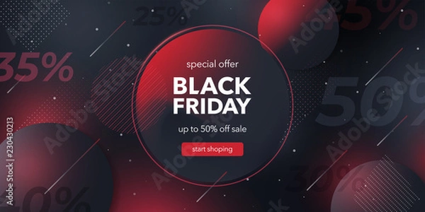 Fototapeta Oferta specjalna Czarny piątek. Baner internetowy mediów społecznościowych na zakupy, sprzedaż, promocję produktu. Tło dla strony internetowej i baneru aplikacji mobilnej, e-mail. Ilustracja wektorowa w kolorach czarnym i czerwonym.