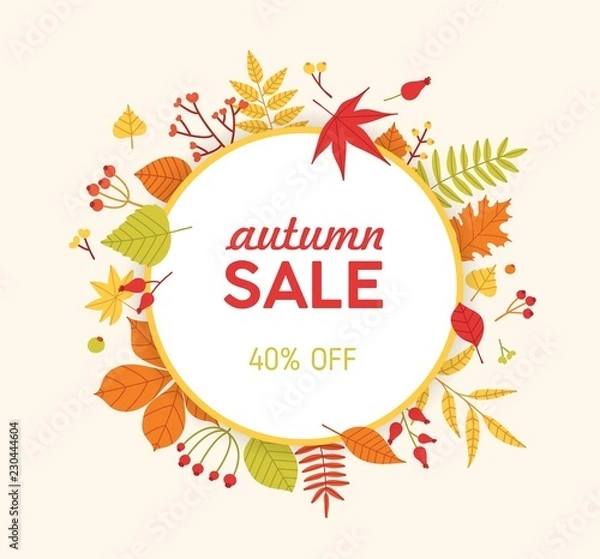 Fototapeta Circular autumn composition, frame or wreath made of fallen tree leaves and berries isolated on light background