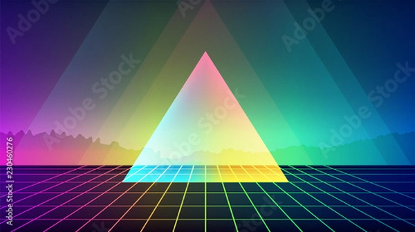 Fototapeta Retro Sci-Fi Background with mountains and triangle. Futuristic Vector illustration in 80s posters style.