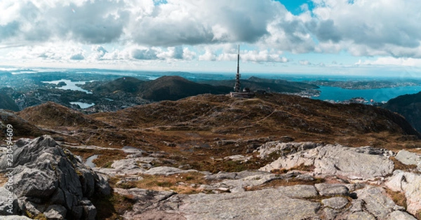 Obraz Scenic view of Ulriken Peak in Bergen Norway with Radio Communications Tower overlooking Horizon and City