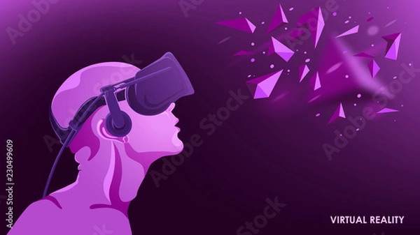 Fototapeta The virtual reality. Modern innovative technology. The man in the headset vr. Abstract vector image.
