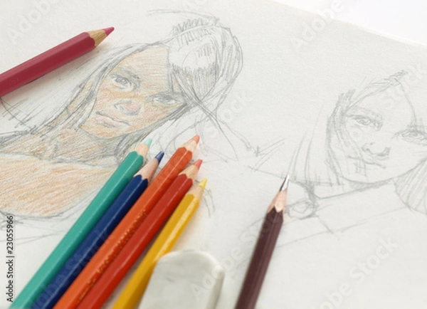 Obraz 色鉛筆と少女のスケッチ