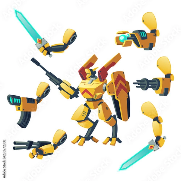 Fototapeta Vector cartoon android, human soldier in robotic combat exoskeletons with guns isolated on background. Battle robot with various weapons, cyborg humanoid. Character for computer games