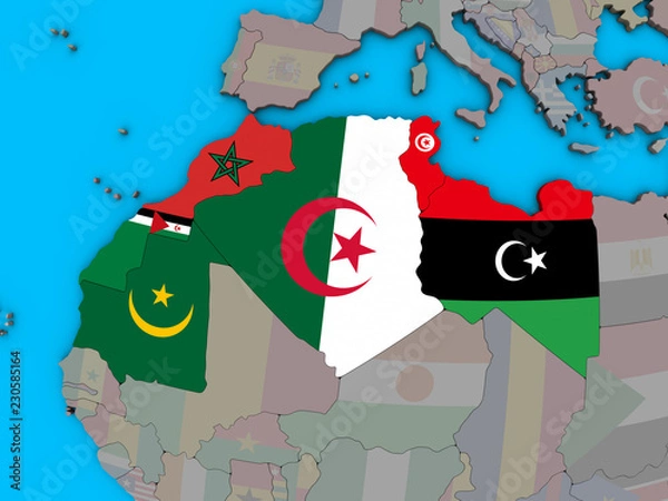 Obraz Maghreb region with embedded national flags on blue political 3D globe.