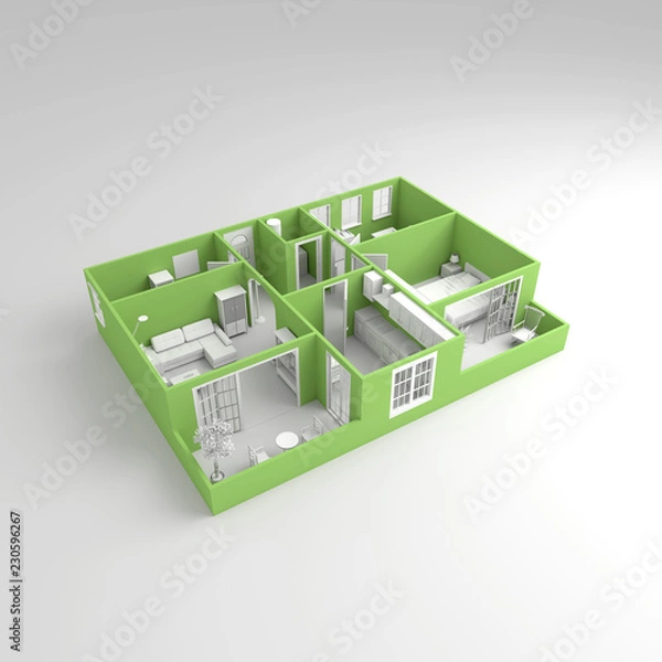 Fototapeta 3d illustration rendering of green furnished home apartment with balconies