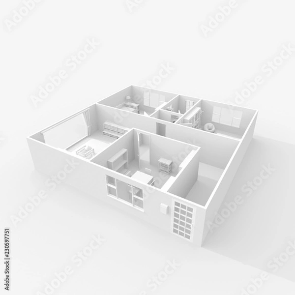Fototapeta Renderowania 3D wnętrza białego umeblowanego mieszkania