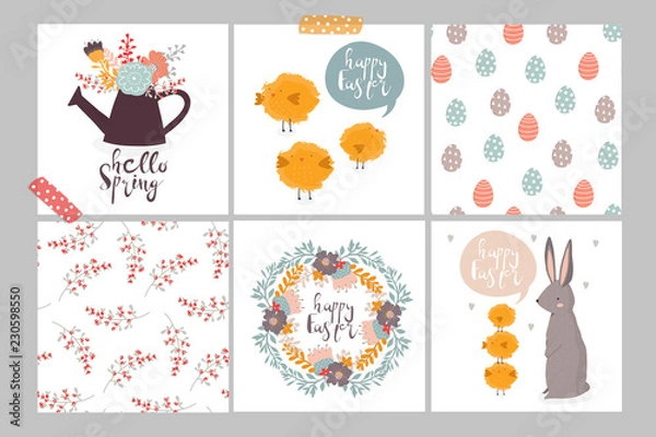 Obraz Set of cute easter cards and seamless patterns. Hand drawn vector illustrations
