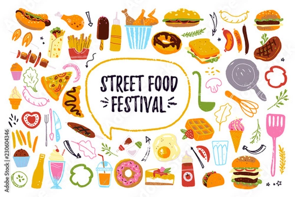 Fototapeta Duży wektor zestaw festiwalu fast food na białym tle: burger, deser, pizza, hotdog, kurczak itp. Ręcznie rysowane szkic stylu, rysunek tablicy. Dobry do menu, banerów, plakatów, projektów ulotek.