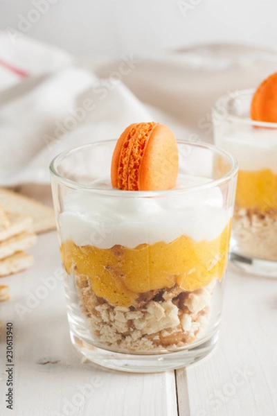 Fototapeta Mango Dessert with mascarpone cheese and macaron.