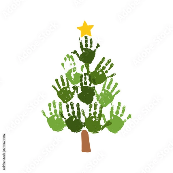 Obraz Christmas tree of handprints with yellow star. Watercolor acrylic kids Christmas art. Children Christmas crafts. Family Christmas card design. Vector eps 10 illustration isolated on white .