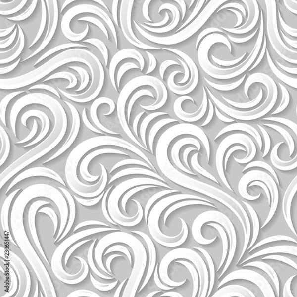 Fototapeta Swirl seamless background. White curves with shadows. Stock vector endless backdrop.