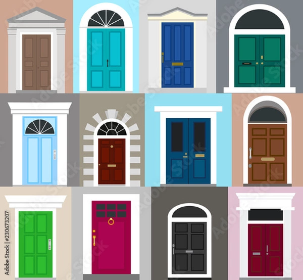 Obraz Front doors set. Facade. Flat design. Vector illustration.