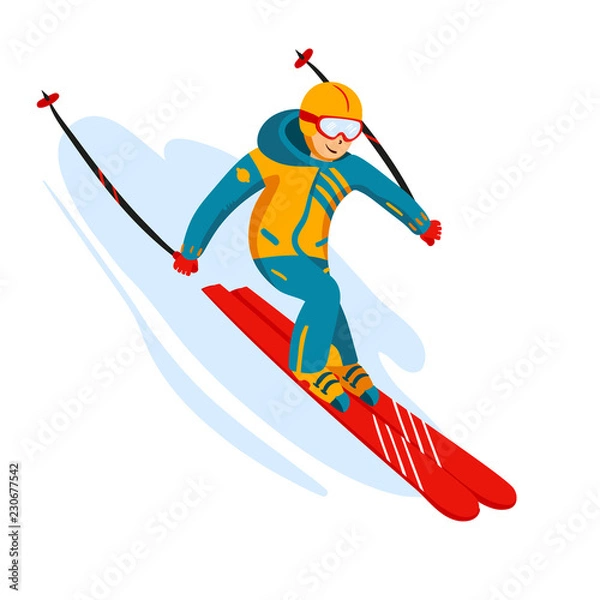 Fototapeta Vector skier cartoon flat style. Man in the ski resort. Winter sport activity. Simple characters. Isolated on white background