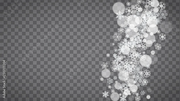Fototapeta Isolated snowflakes on transparent grey background. Winter sales, Christmas and New Year design for party invitation, banner, sale. Horizontal winter window. Magic isolated snowflakes. Silver flakes