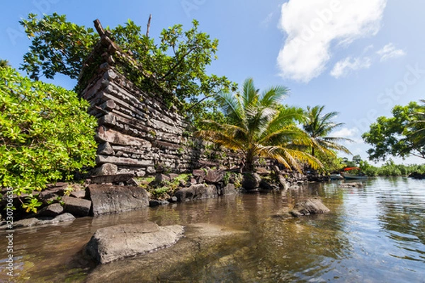 Fototapeta A channel and town walls in Nan Madol - prehistoric ruined stone city built of basalt slabs. Ancient walls were built on coral artificial islands in the lagoon of Pohnpei, Micronesia, Oceania