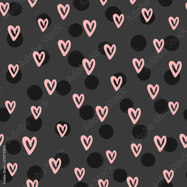 Fototapeta Romantic seamless pattern with round spots and hearts drawn by hand with rough brush. Sketch, watercolor, paint, ink.