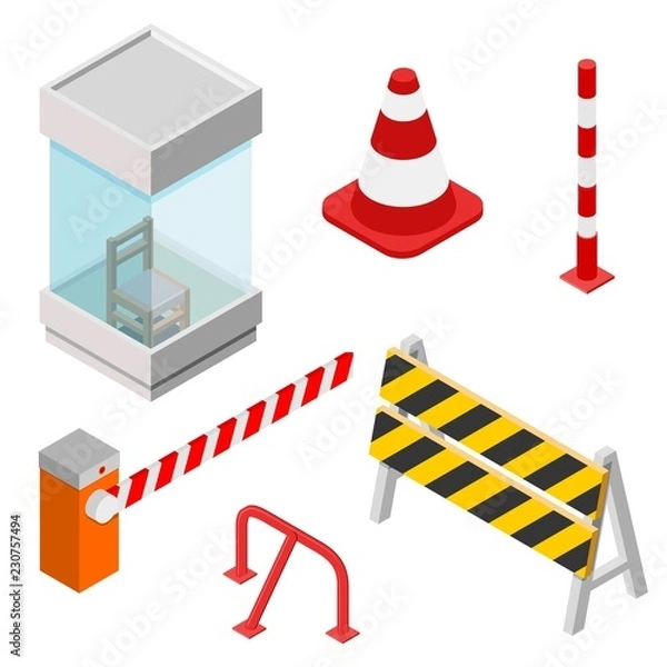 Obraz Izometryczny zestaw elementów izometrycznych. Ikony do parkowania. Ikona strefy parkowania. Zbiór barier w stylu izometrii. Ilustracji wektorowych