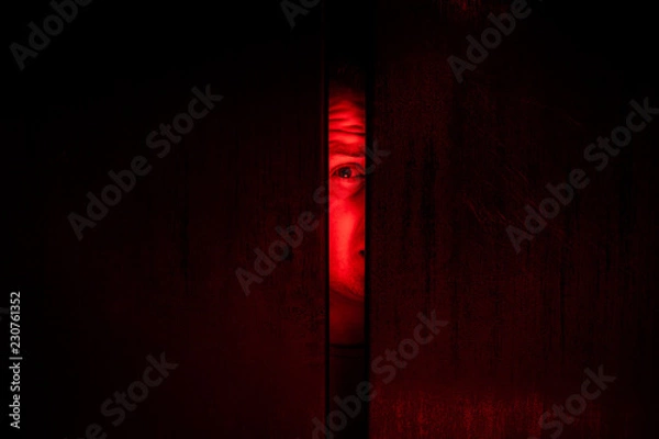Obraz Agoraphobia concept / eye peeking behind the door
