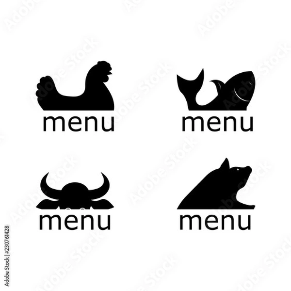 Fototapeta Chicken menu. Fish menu. Beef menu. Pork menu. Flat animal icons