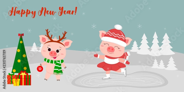 Fototapeta Happy New Year and Merry Christmas Greeting Card. Two cute pigs. One goes to the rink, the other in the horns of a deer and a scarf stands next to the tree with gifts. Vector