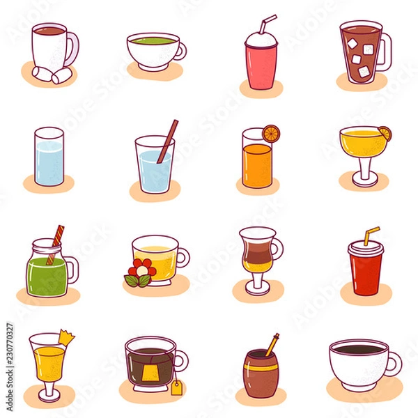 Fototapeta Vector cartoon non alcoholic drinks icons isolated on background