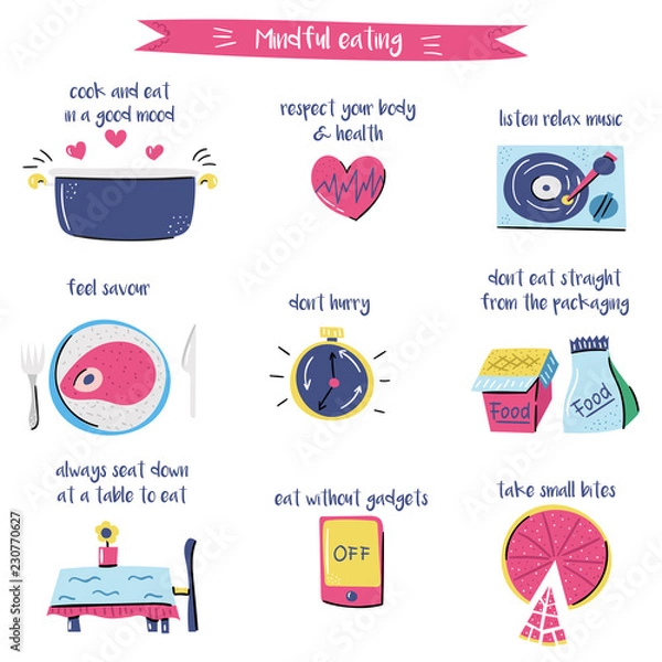 Fototapeta Set of cartoon hand drawn objects on mindful eating theme