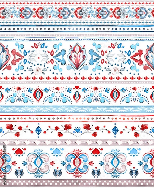 Fototapeta seamless pattern with watercolor botanic. Ethnic ornaments. Abstract tribal background. Tile with flowers and Geometrical illustration.