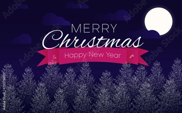 Fototapeta Merry Christmas and Happy New Year poster with winter landscape.