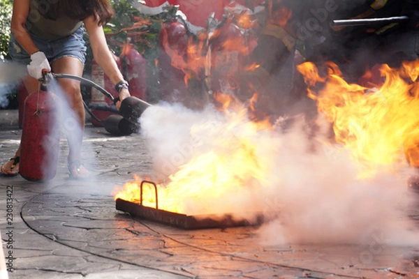 Fototapeta Practice a fire drill outdoor