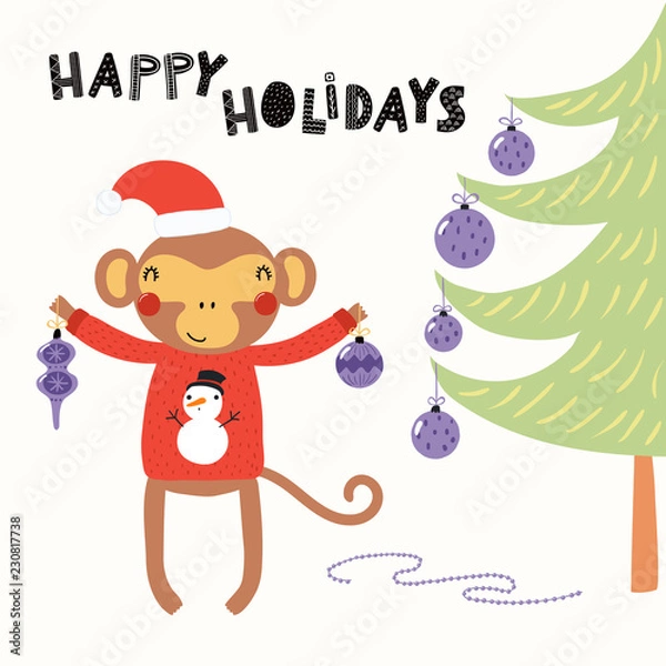 Fototapeta Hand drawn vector illustration of a cute monkey in a Santa hat, sweater, with ornaments, tree, text Happy holidays. Isolated objects on white. Scandinavian style flat design. Concept Christmas card.