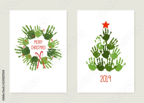 Obraz Handprint Christmas tree with red star. Handprint Christmas wreath with red bow. Christmas hand print card set. Watercolor, acrylic children Christmas art. Vector illustration isolated on white.
