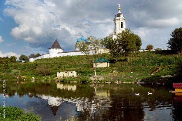 Obraz summer landscape with pond, monastery and ducks