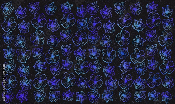Fototapeta Hand drawn set of blue flowers on the black background