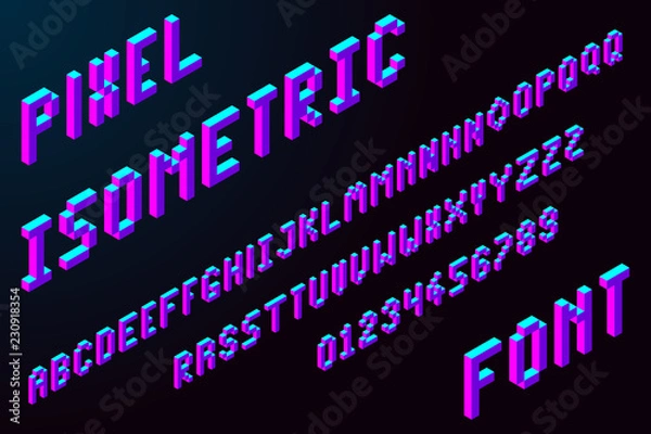 Fototapeta 3d pixel isometric font in modern color, stock vector illustration