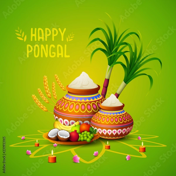 Obraz Szczęśliwy Pongal kartkę z życzeniami na zielonym tle