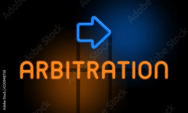 Fototapeta Arbitration - orange glowing text with an arrow on dark background