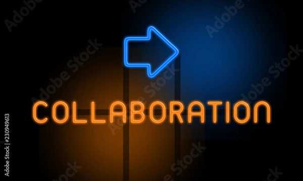 Fototapeta Collaboration - orange glowing text with an arrow on dark background