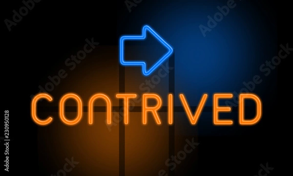 Fototapeta Contrived - orange glowing text with an arrow on dark background