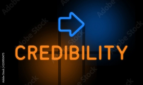 Fototapeta Credibility - orange glowing text with an arrow on dark background