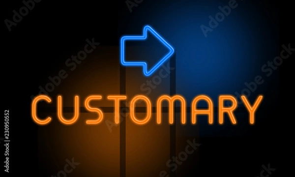 Fototapeta Customary - orange glowing text with an arrow on dark background