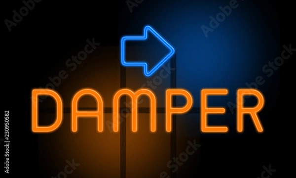 Fototapeta Damper - orange glowing text with an arrow on dark background