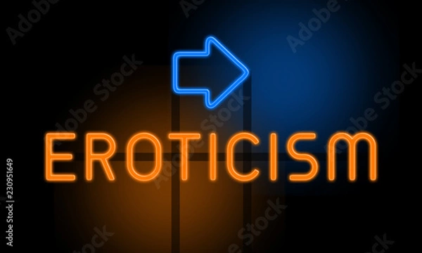 Fototapeta Eroticism - orange glowing text with an arrow on dark background