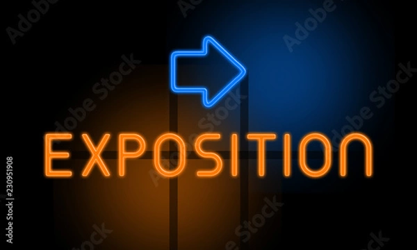 Fototapeta Exposition - orange glowing text with an arrow on dark background