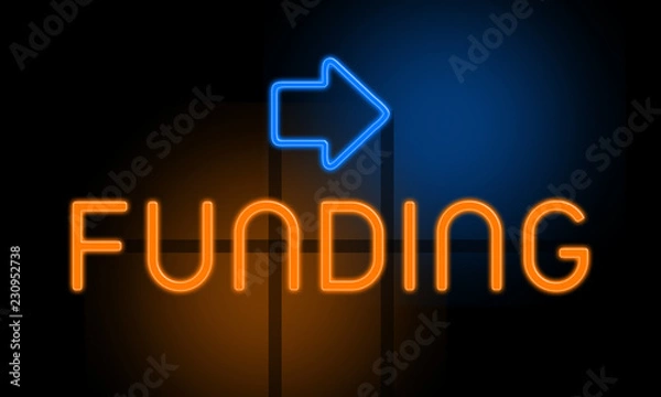 Fototapeta Funding - orange glowing text with an arrow on dark background